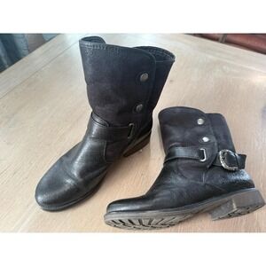Womens‎ Black Moto Biker Mid-Calf Boots Buckle Strap Cozy Lined Edgy
